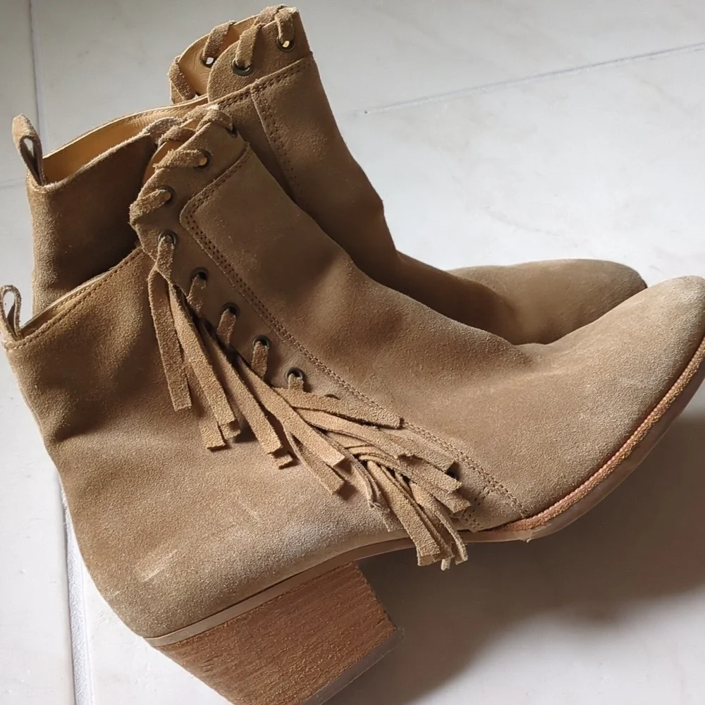 Paul Green Boho Western Fringe Suede Leather Ankle Almond Toe boots US 8.5